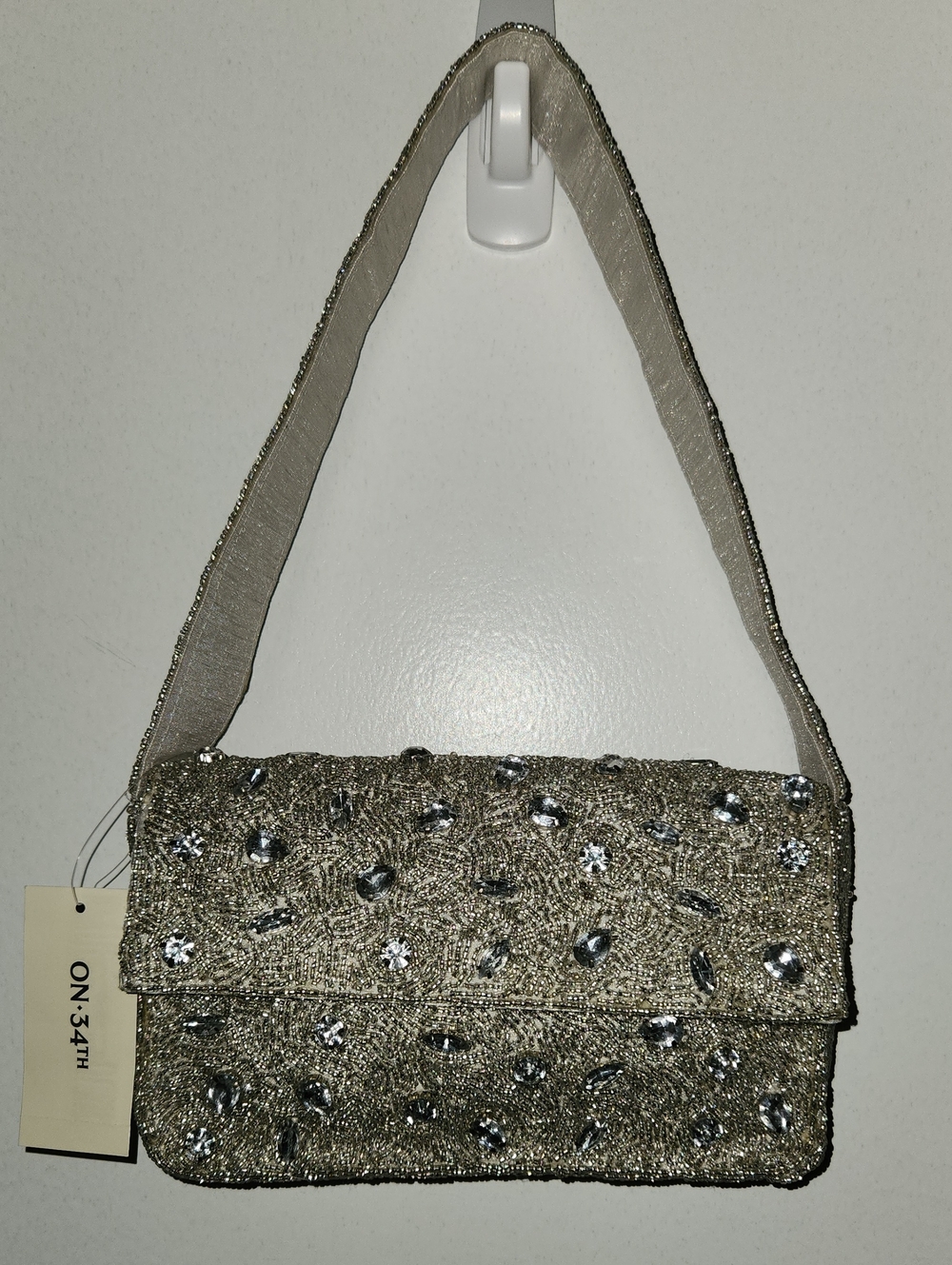 NWT Silver beaded evening bag with rhinestones. Sold As Is